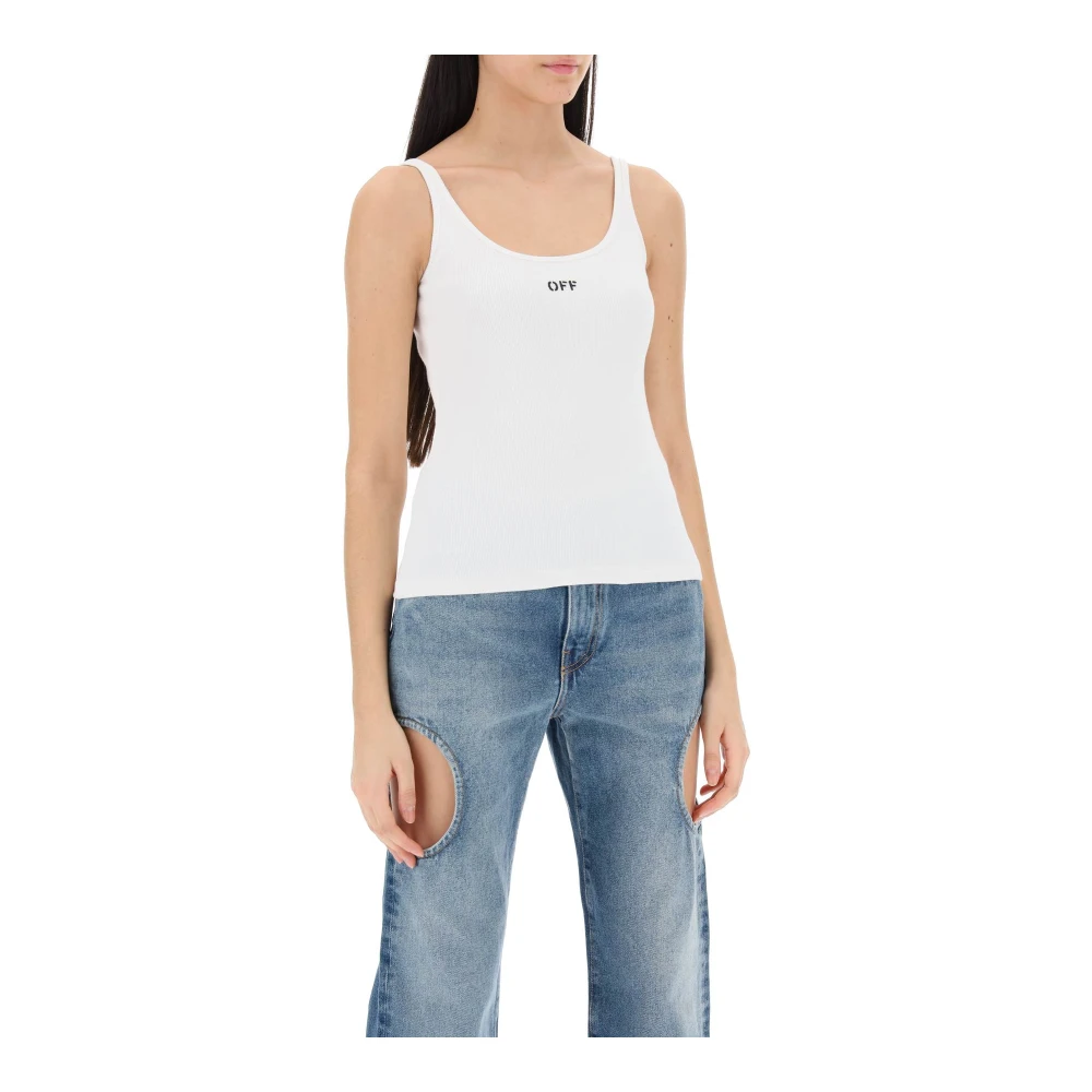 Off White Geribbeld Katoenen Tanktop met Borduursel White Dames