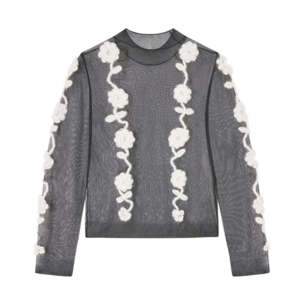 Ganni Women's Black Round-Neck Knitwear, Xs, Flower Crochet Turtleneck