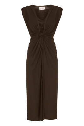 brown-v-neck-sleeveless-dress-with-front-braided-pattern