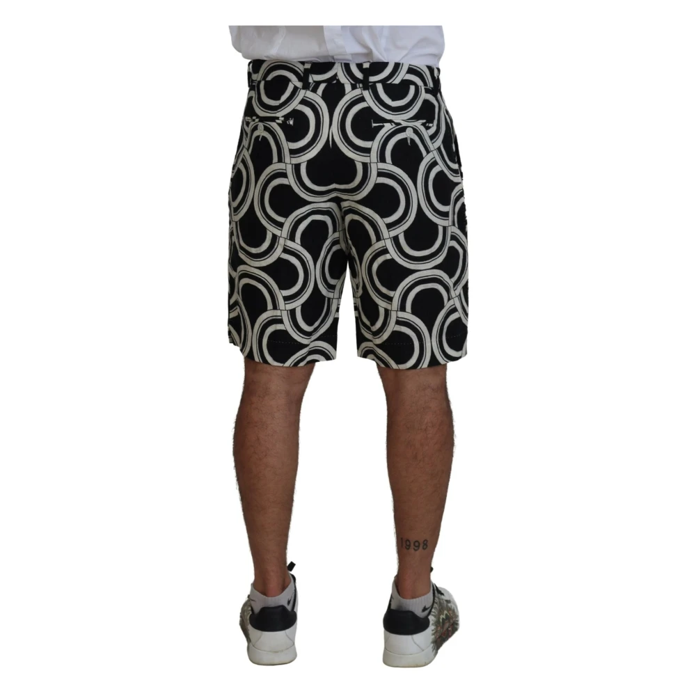 Dolce & Gabbana Zwart Wit Patroon Linnen Bermuda Shorts Black Heren
