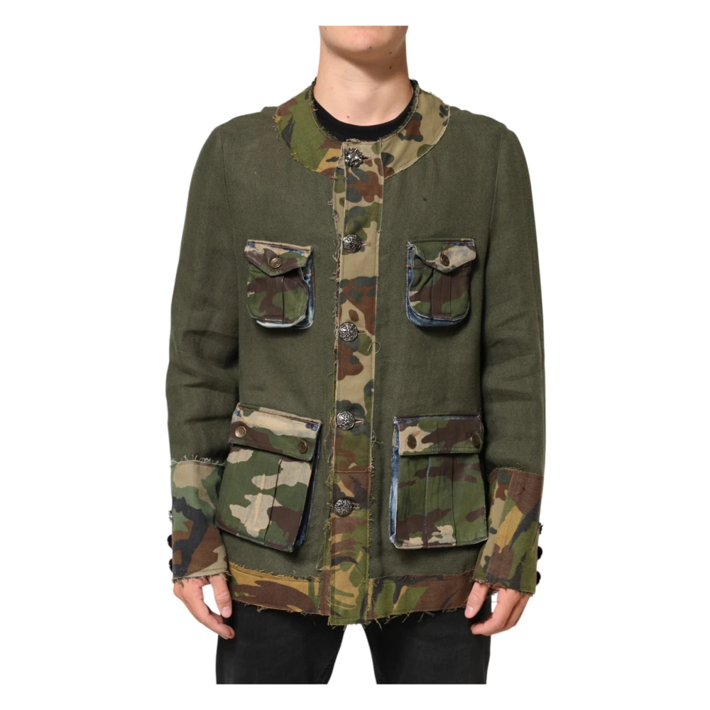 Dolce & Gabbana Mannelijk Bruin Jassen Heren, S, Linnen, Camouflage Linnen Button Down Jas