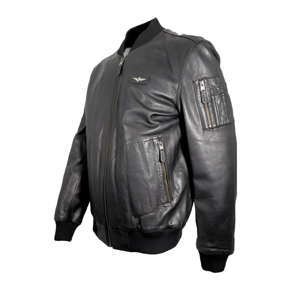 aeronautica militare Zwarte leren bomberjack met metalen adelaar Black Heren