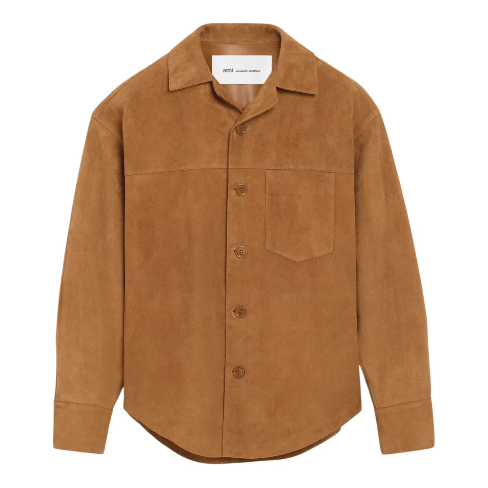 Ami Paris Women's Brown Leather Jackets, Xs, Goat Suede Buttoned Overshirt