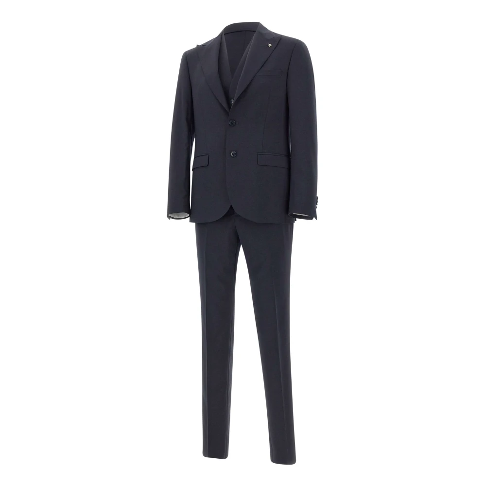 Manuel Ritz Blue Single Breasted Suits, Male, M, Three-Piece Wool Suit