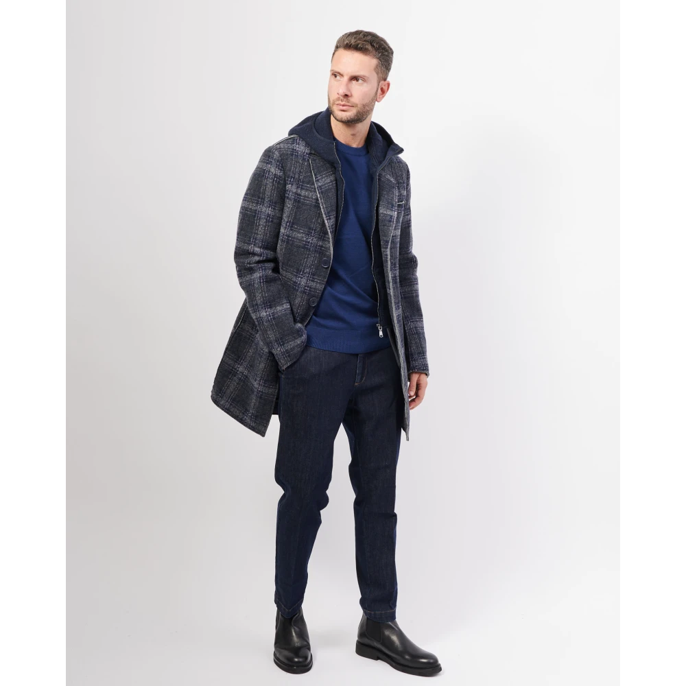 YES ZEE Blauw geruit neopreen lang jas Blue Heren