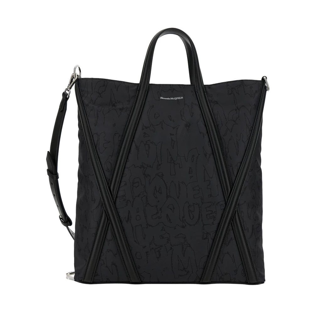 Alexander Mcqueen Men's Black Shopping Bags, One Size, Tote Bag With Mcqueen Graffiti Print