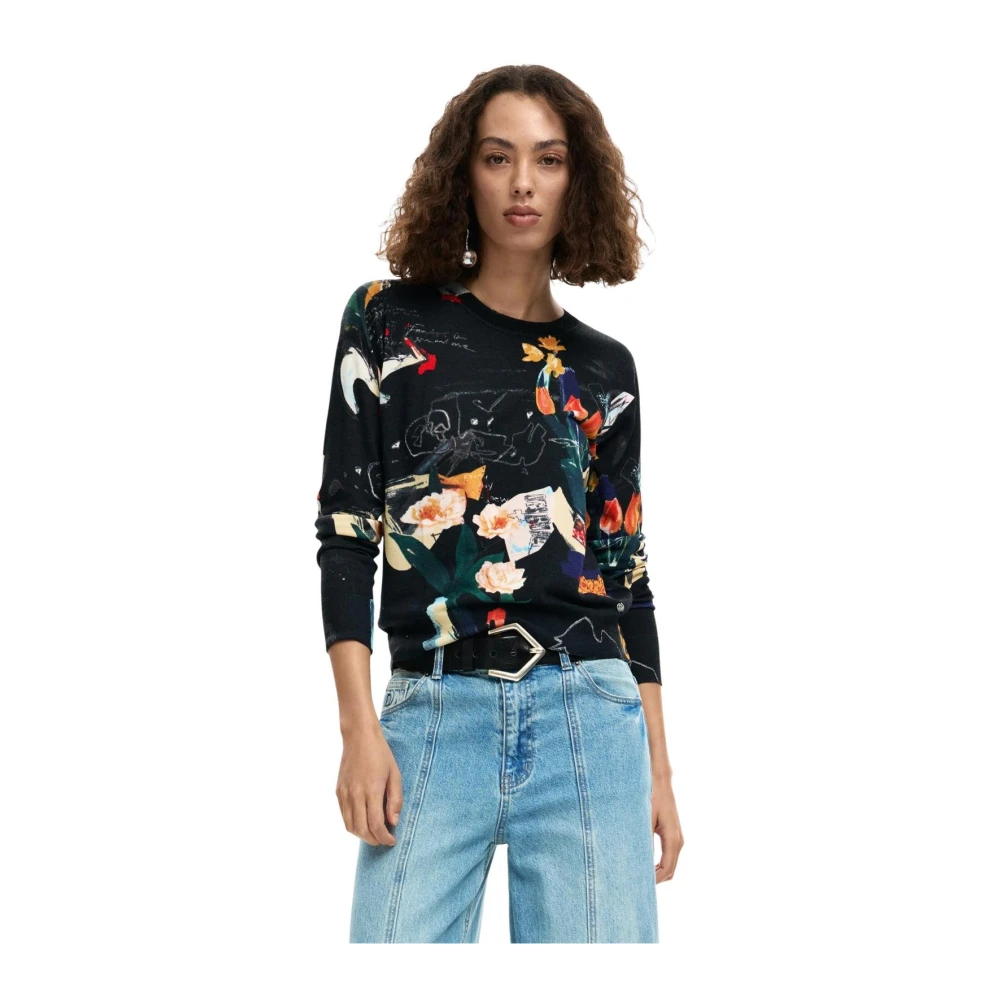 Desigual Women's Black Round-Neck Knitwear, L, Printed Long Sleeve Round Neck Knitwear