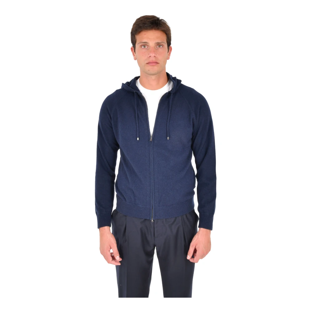 Herno Men's Blue Cashmere Cardigan With Hood