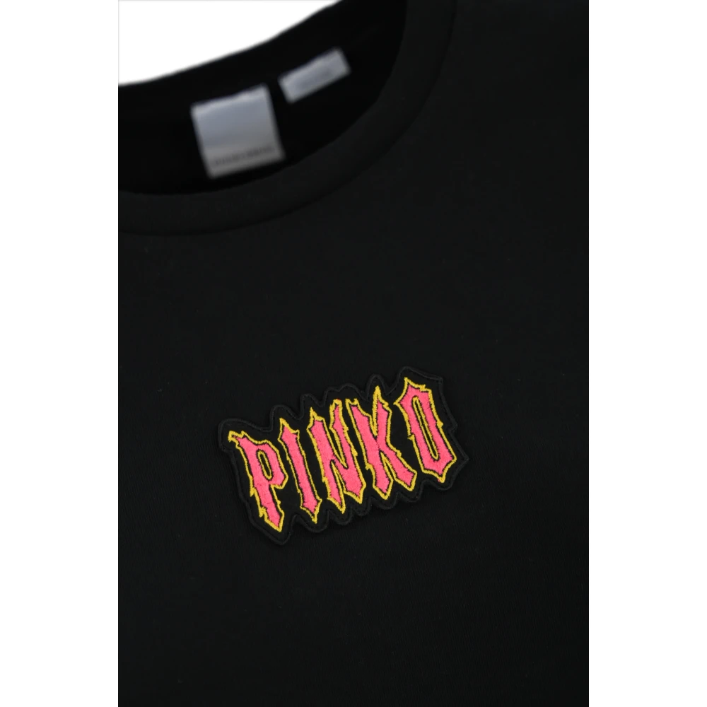 pinko Zwarte katoenen T-shirt met logo borduurwerk Black Dames