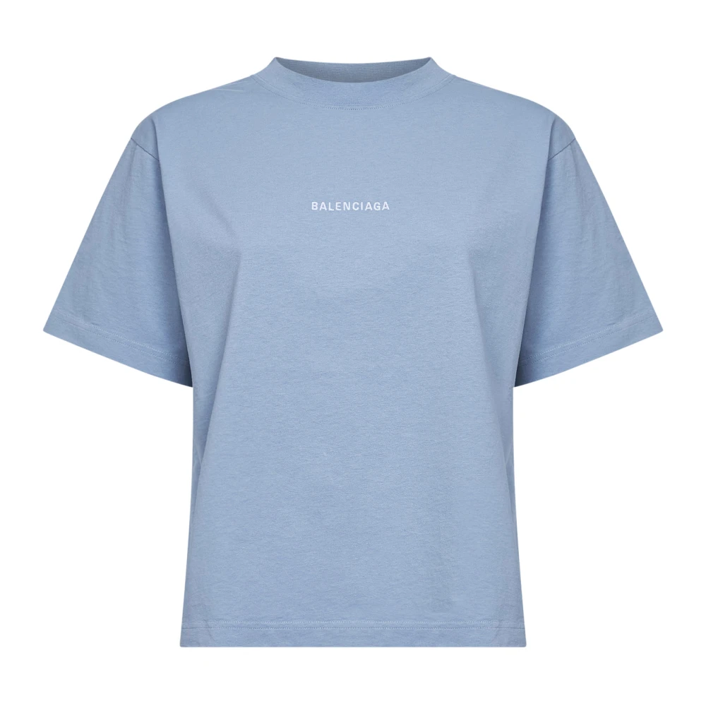 Balenciaga Women's Blue Logo Embroidered Cotton Jersey T-Shirt - T-Shirts - M - Tops