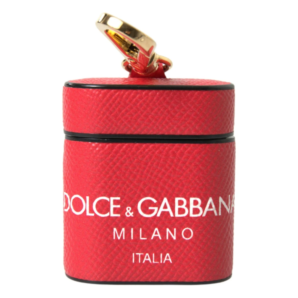 Dolce & Gabbana Rood Leren Airpods Hoesje met Gouden Metalen Logo Band Red Dames