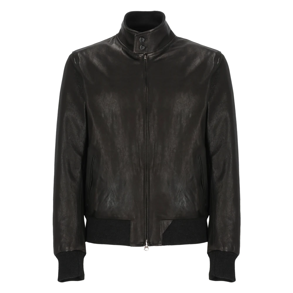 Stewart Zwarte leren jas met hoge kraag Black Heren