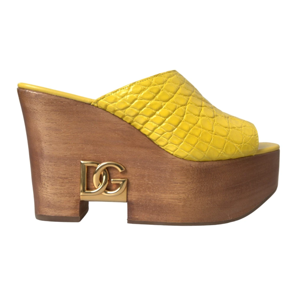 Dolce & Gabbana Women's Yellow Leather Wood Wedge Slide Sandals