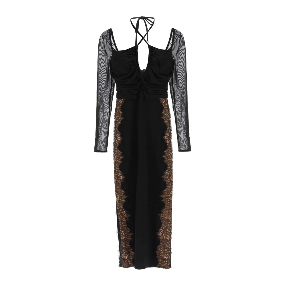 Self Portrait Women's Black Lace Trim Dress With Bow Fastening