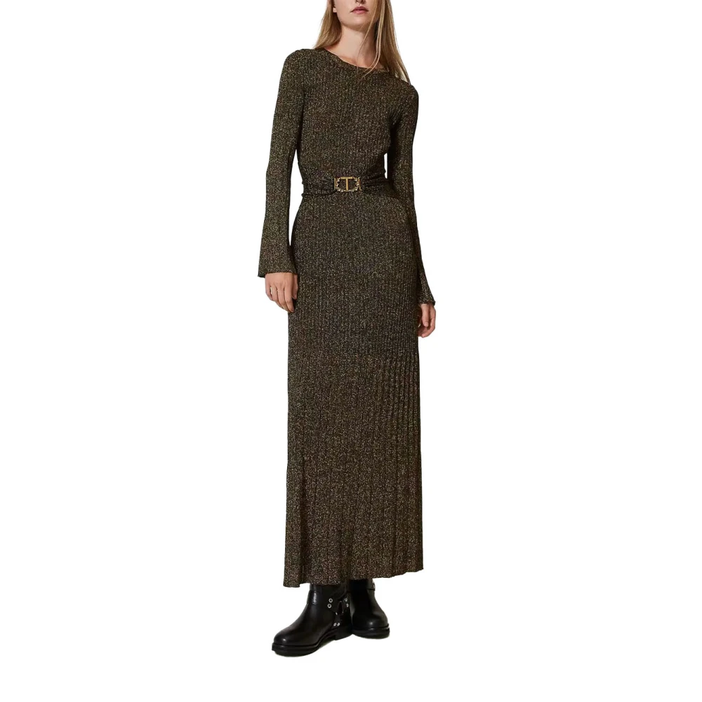 Twinset Elegante Viscose Jurk met Geribbelde Details Green Dames