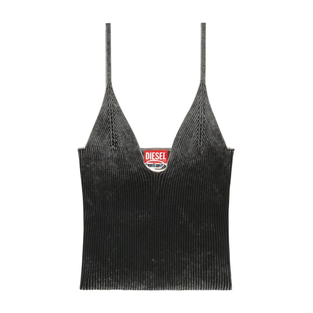 Diesel Geribbelde Mouwloze V-hals Top met Logo Black Dames