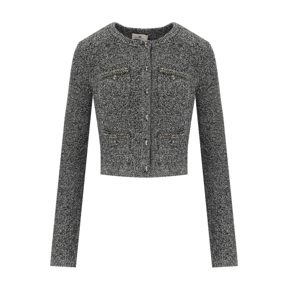 Elisabetta Franchi Women's Gray Cardigans, S, Bouclé Wool Cardigan With Rhinestone Details