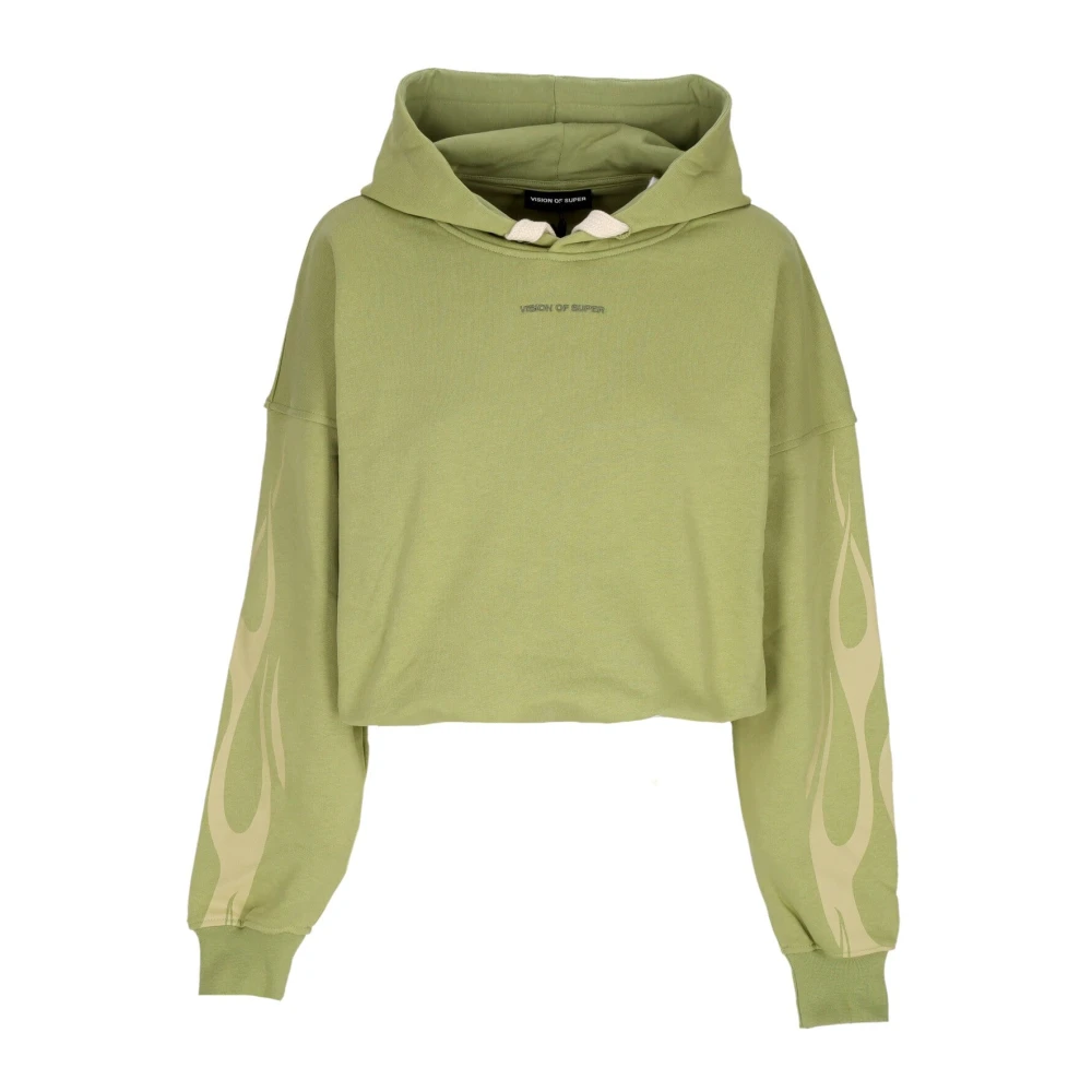 Vision Of Super Women's Green Hoodies, M, Flames Cropped Hoodie /Off White