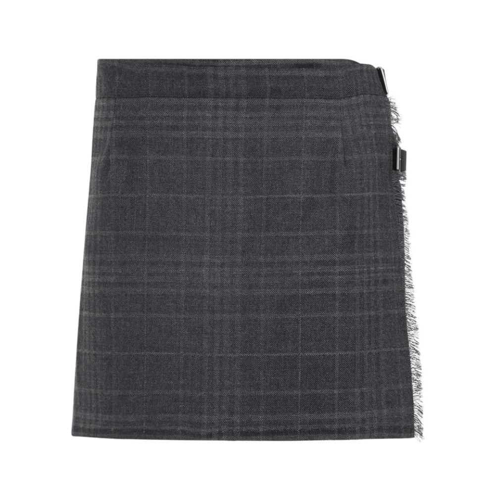 Balenciaga Women's Gray Short Skirts, Xs, Plaid A-Line Mini Skirt With Fringed Hem And Buckle Detail