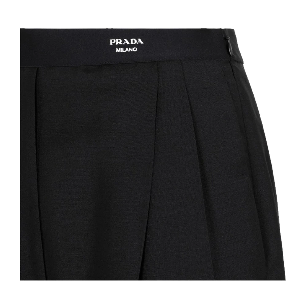 Prada Wijde wollen broek met logodetail Black Dames