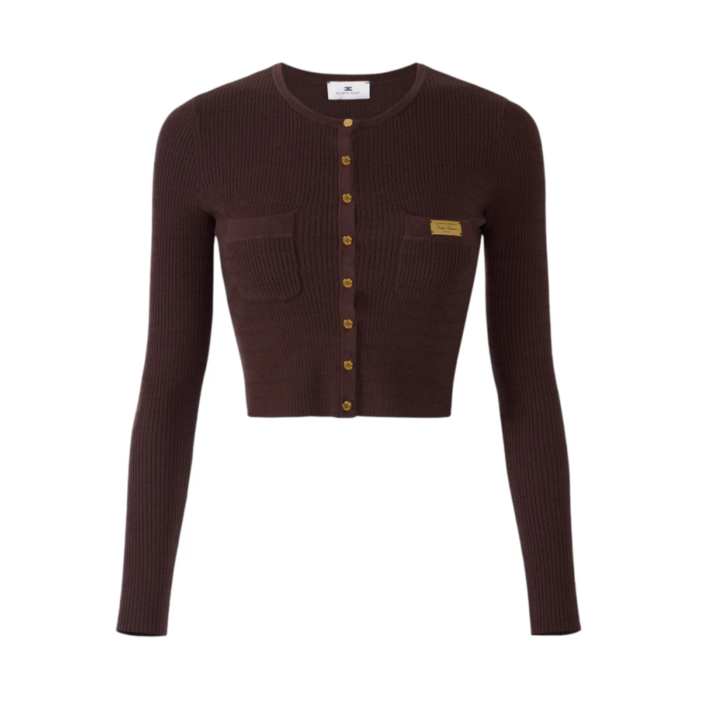 Elisabetta Franchi Women's Brown Cardigans, L, Micro-Braided Knit Cardigan