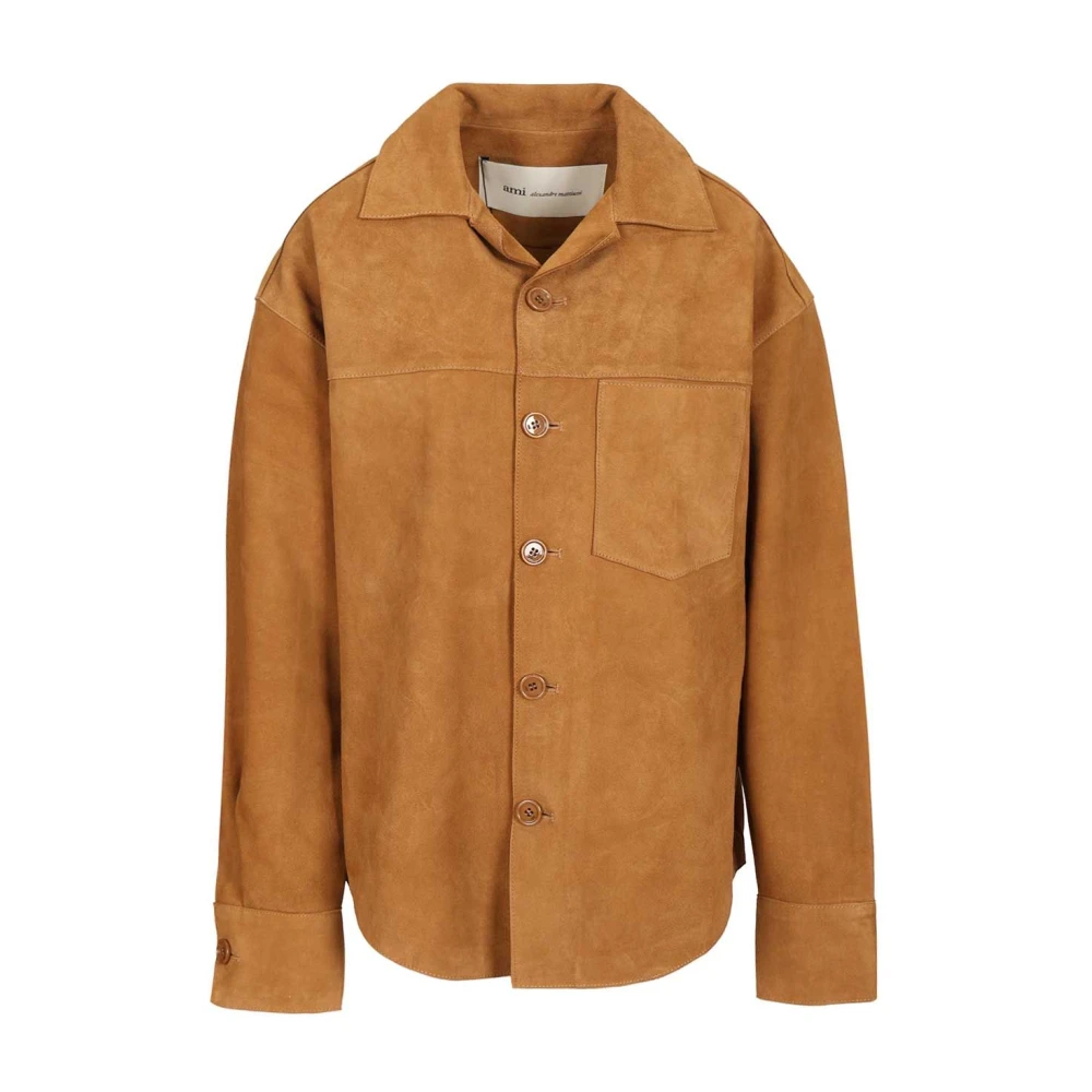Ami Paris Men's Beige Goat Suede Buttoned Overshirt - Leather Jackets - L - Jackets