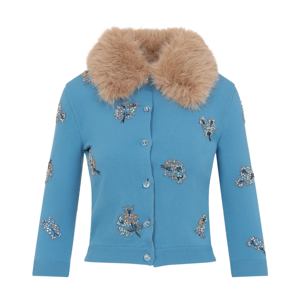 Valentino Blauwe Trui met Kristallen en Bont Blue Dames