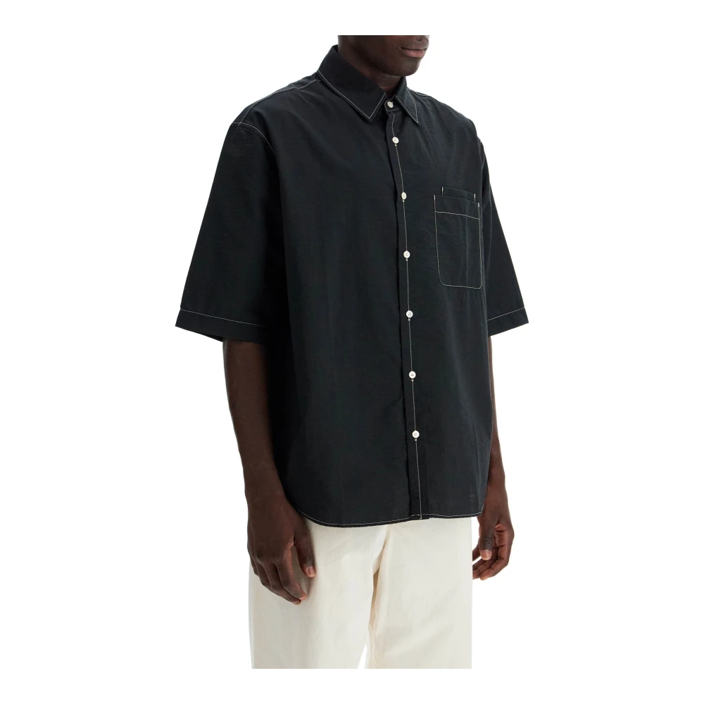 Lemaire Contraststiksel Korte Mouw Overhemd Black Heren