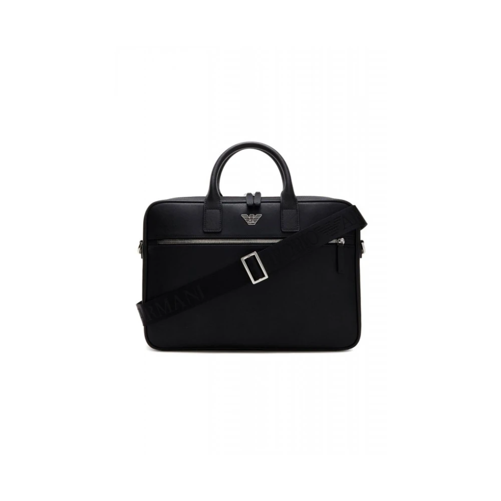 Emporio Armani Mannelijk Zwart Tassen Heren, One Size, Leer, Asv Saffiano Leren Business Tas Met Adelaarplaat