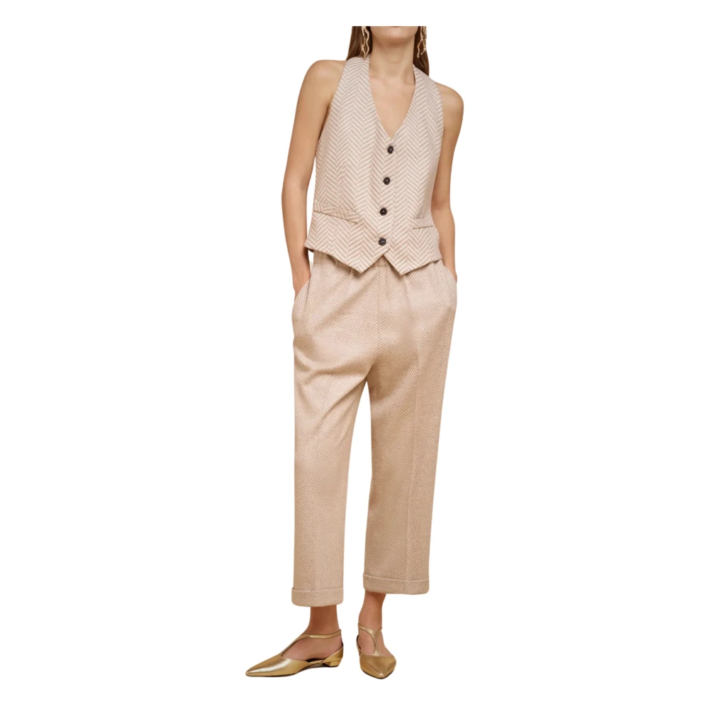 Liviana Conti Kasjmier Crop Broek met Elastische Tailleband Beige Dames
