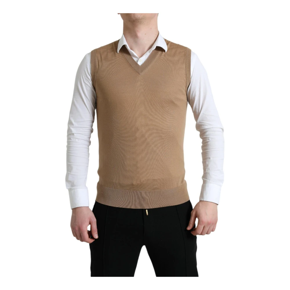 Dolce & Gabbana Men's Brown Sleeveless Knitwear,, V-Neck Wool Jumper Medium