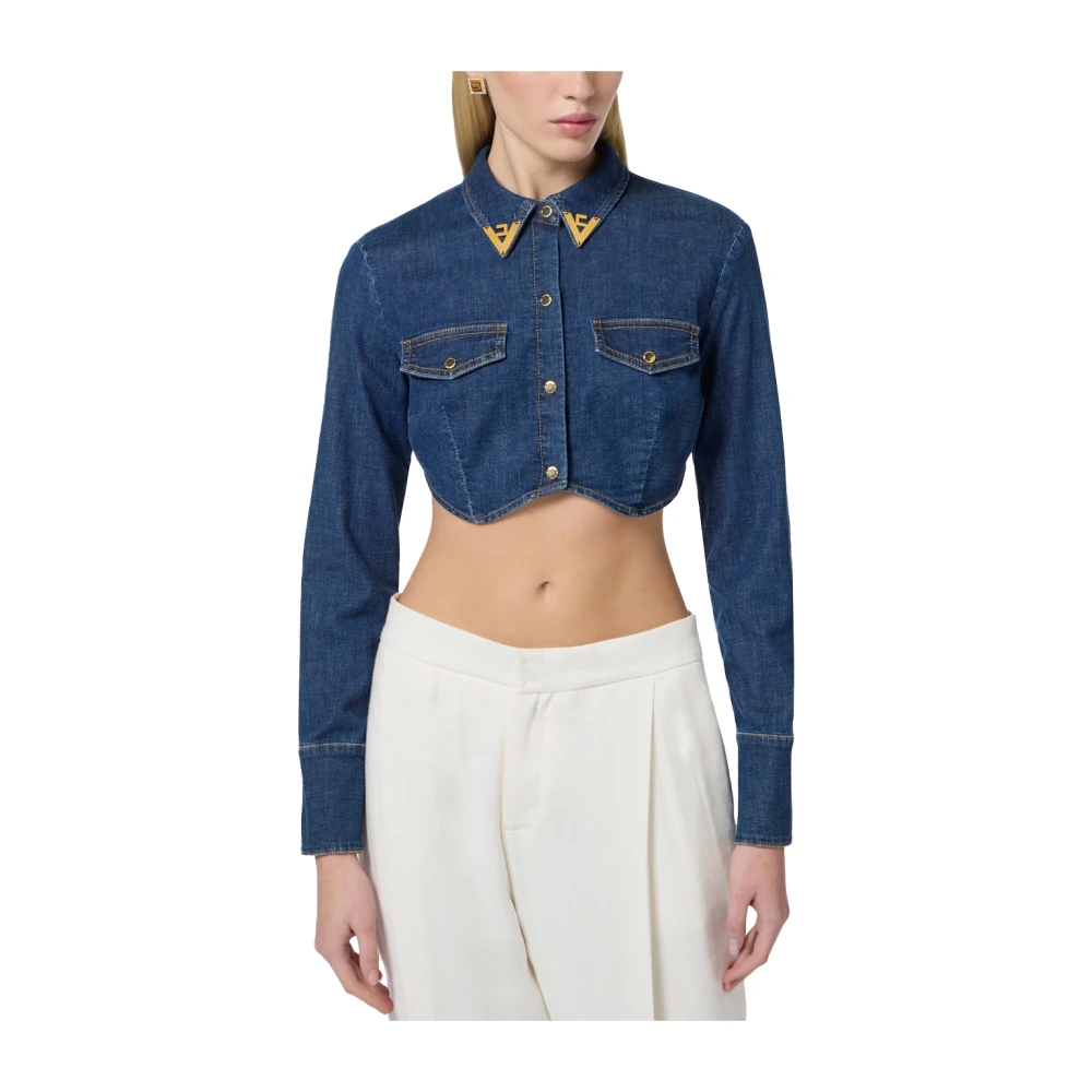 Elisabetta Franchi Denim Cropped Shirt met Juweel Details Blue Dames