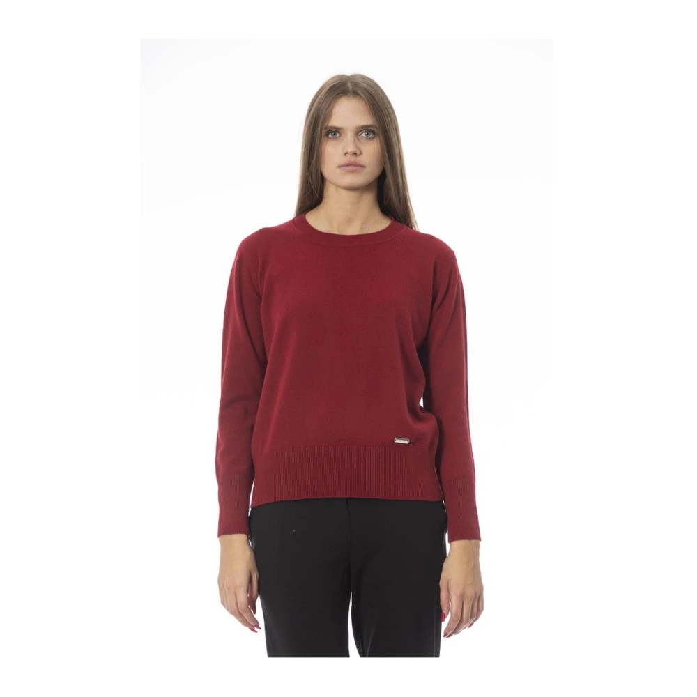 Baldinini Rode wollen trui met ronde hals en ribdetails Red Dames