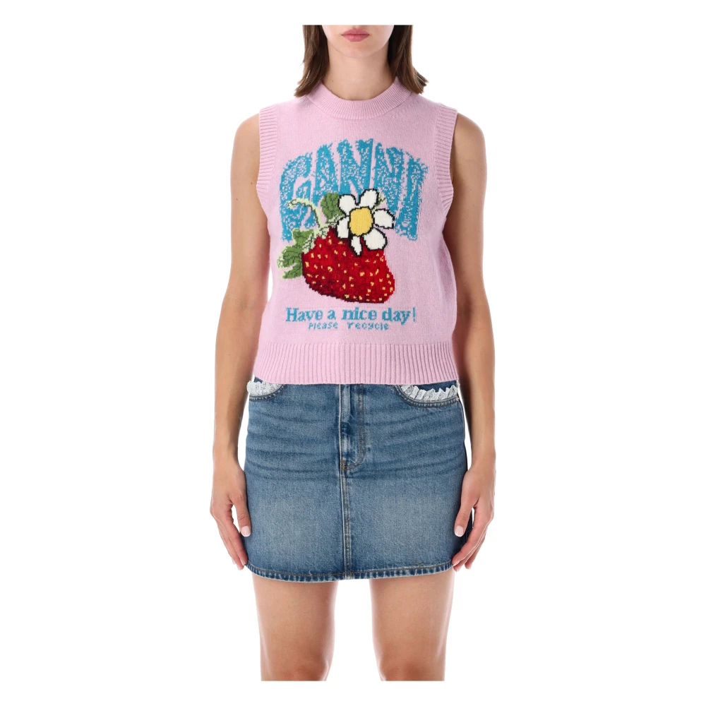 Ganni Vest With Strawberry - Female - Waistcoats - Pink - L - Jackets
