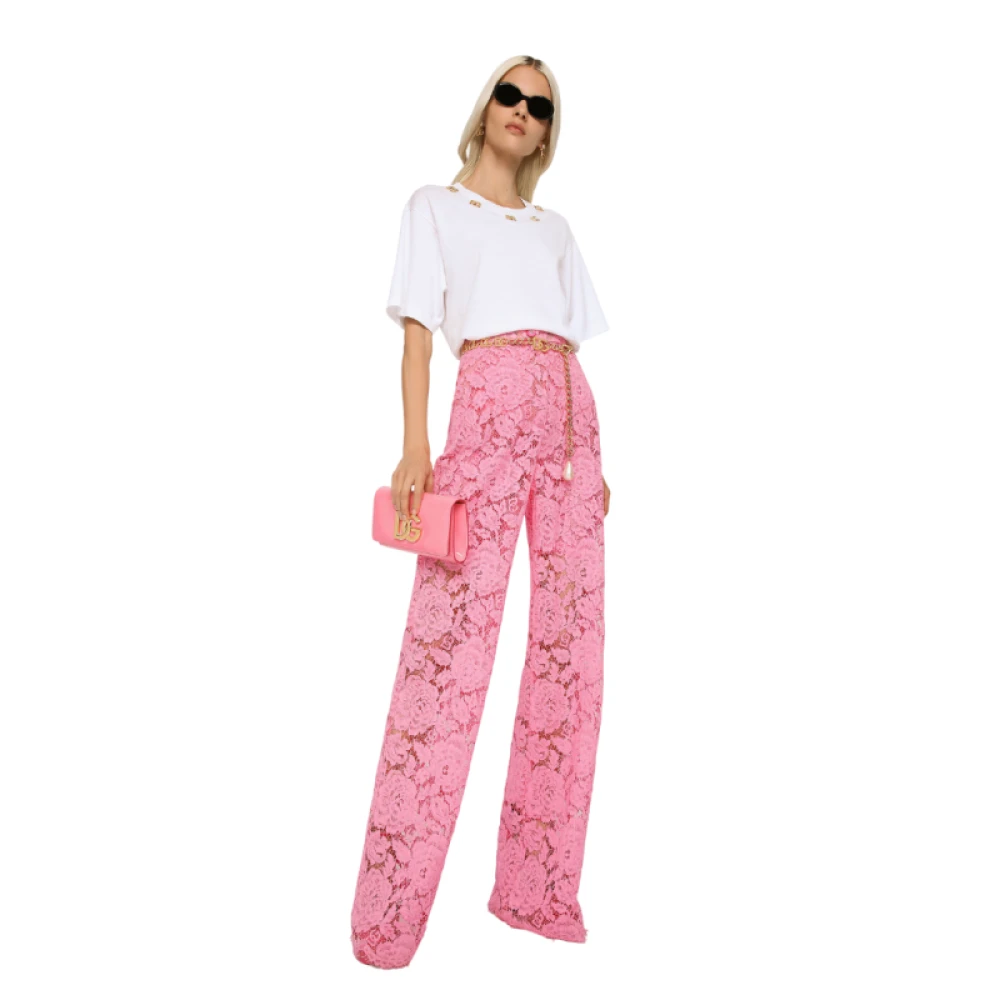Dolce & Gabbana Flare Broek met Bloemenkant Pink Dames