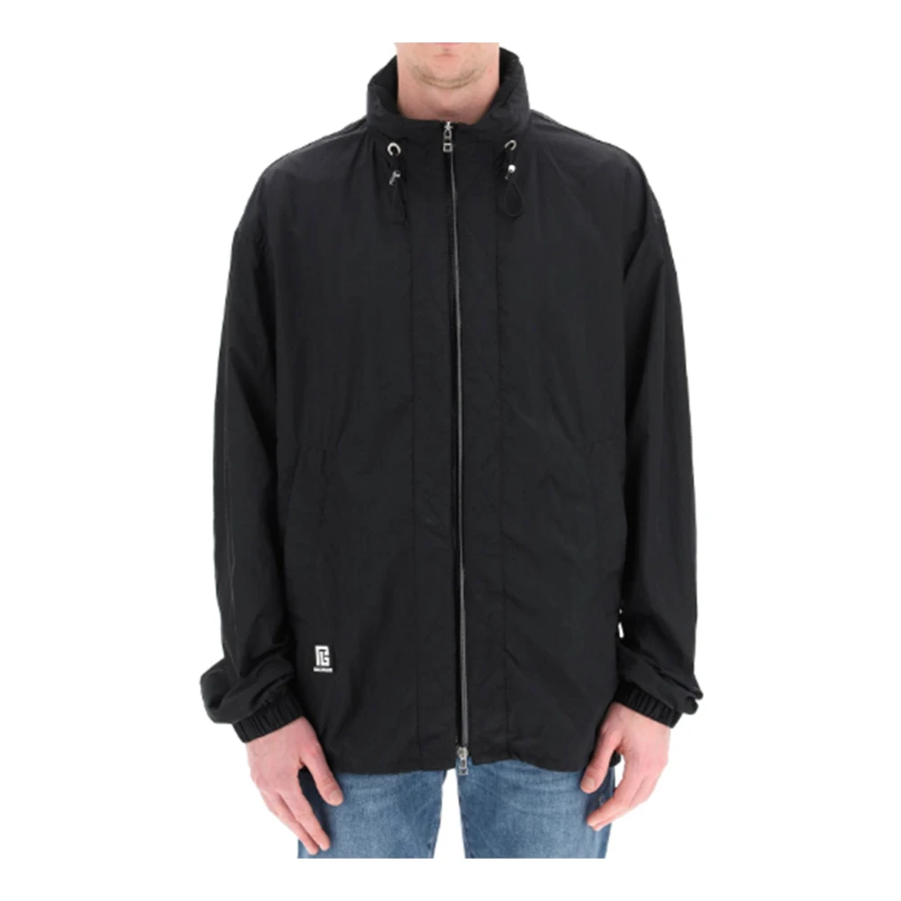 Balmain Nylon Logo Jas met Capuchon Black Heren