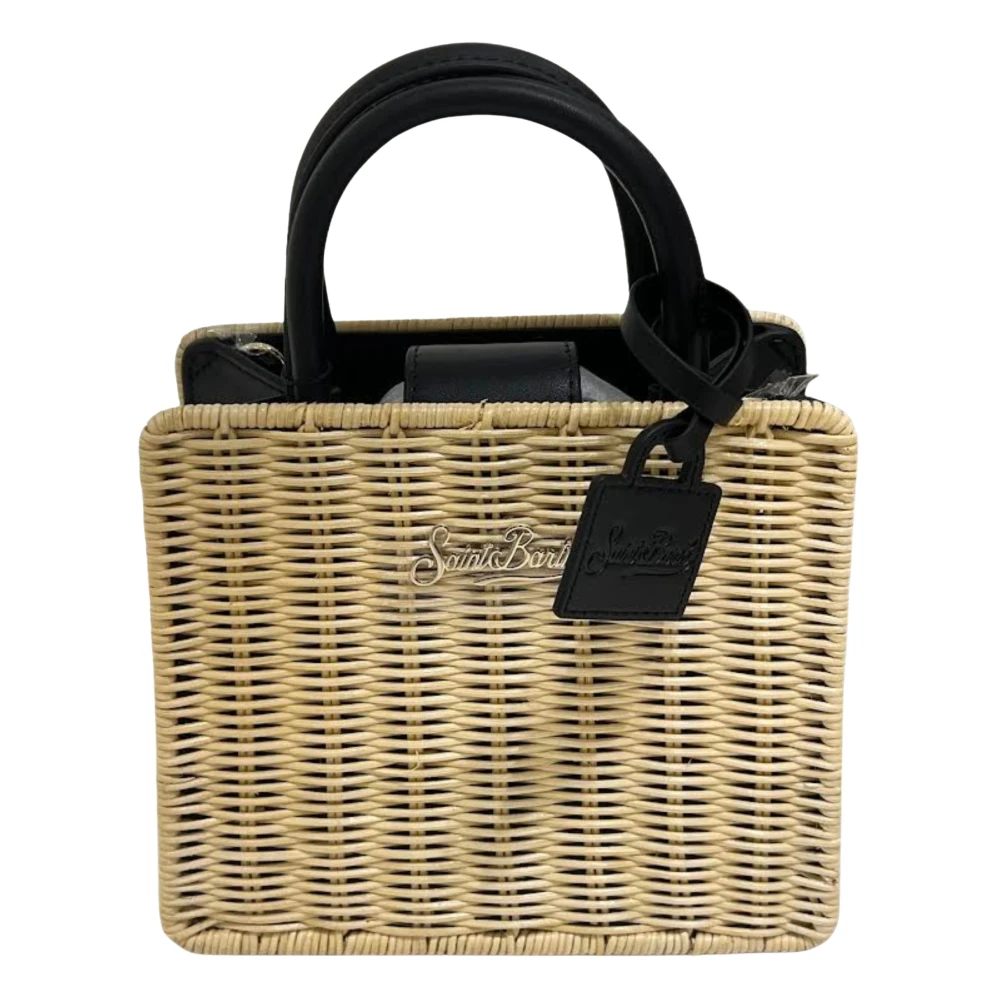 Saint Barth Beige Handbags, Female, One Size, Handbag With Shoulder Strap In Raffia And Leather