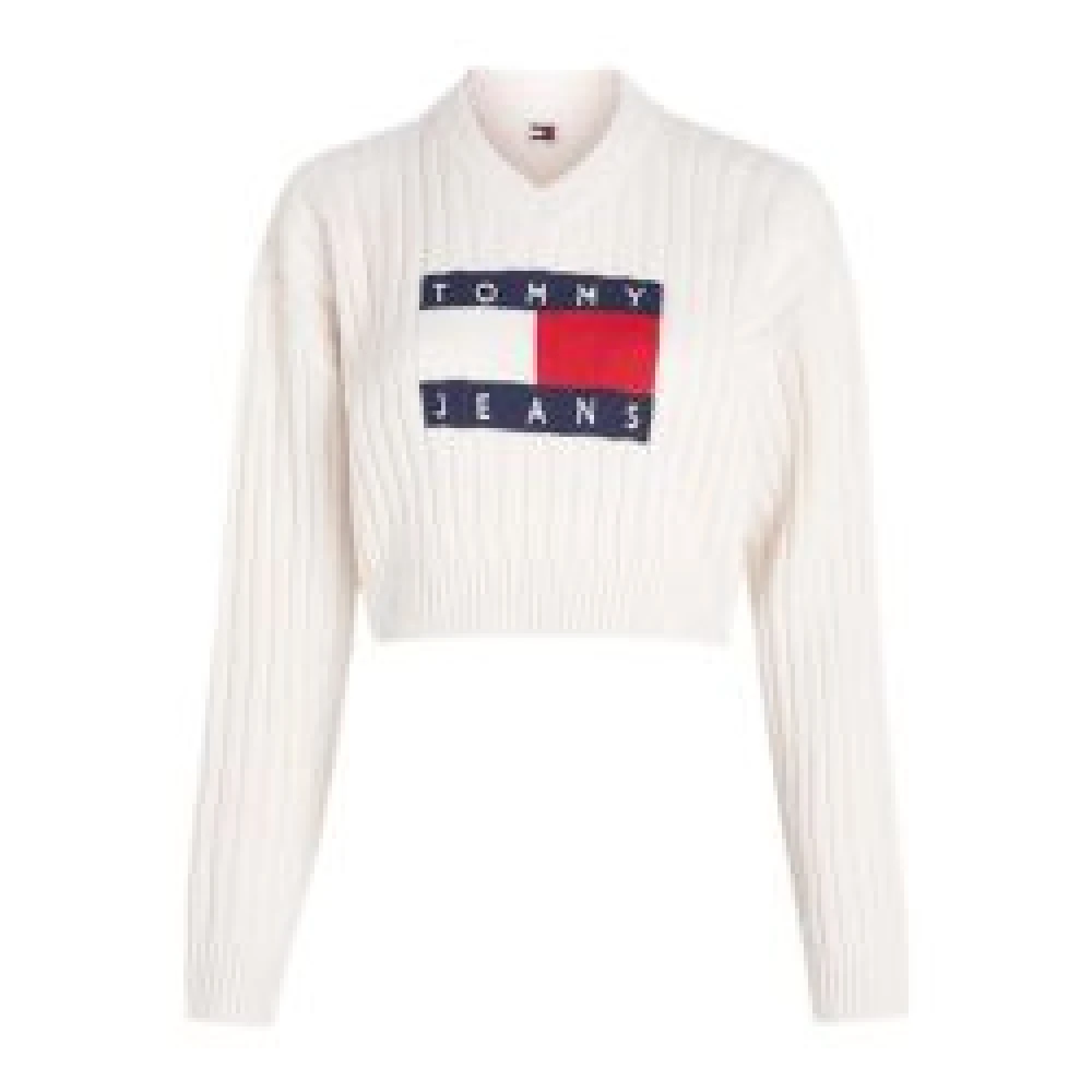 Tommy Jeans Cropped Sweater met V-hals White Dames