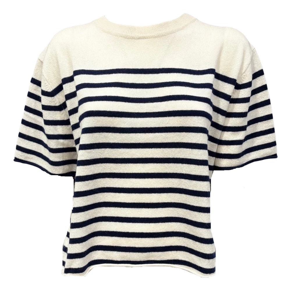 Lisa Yang Gestreept T-shirt Oversized Ronde Hals Beige Dames