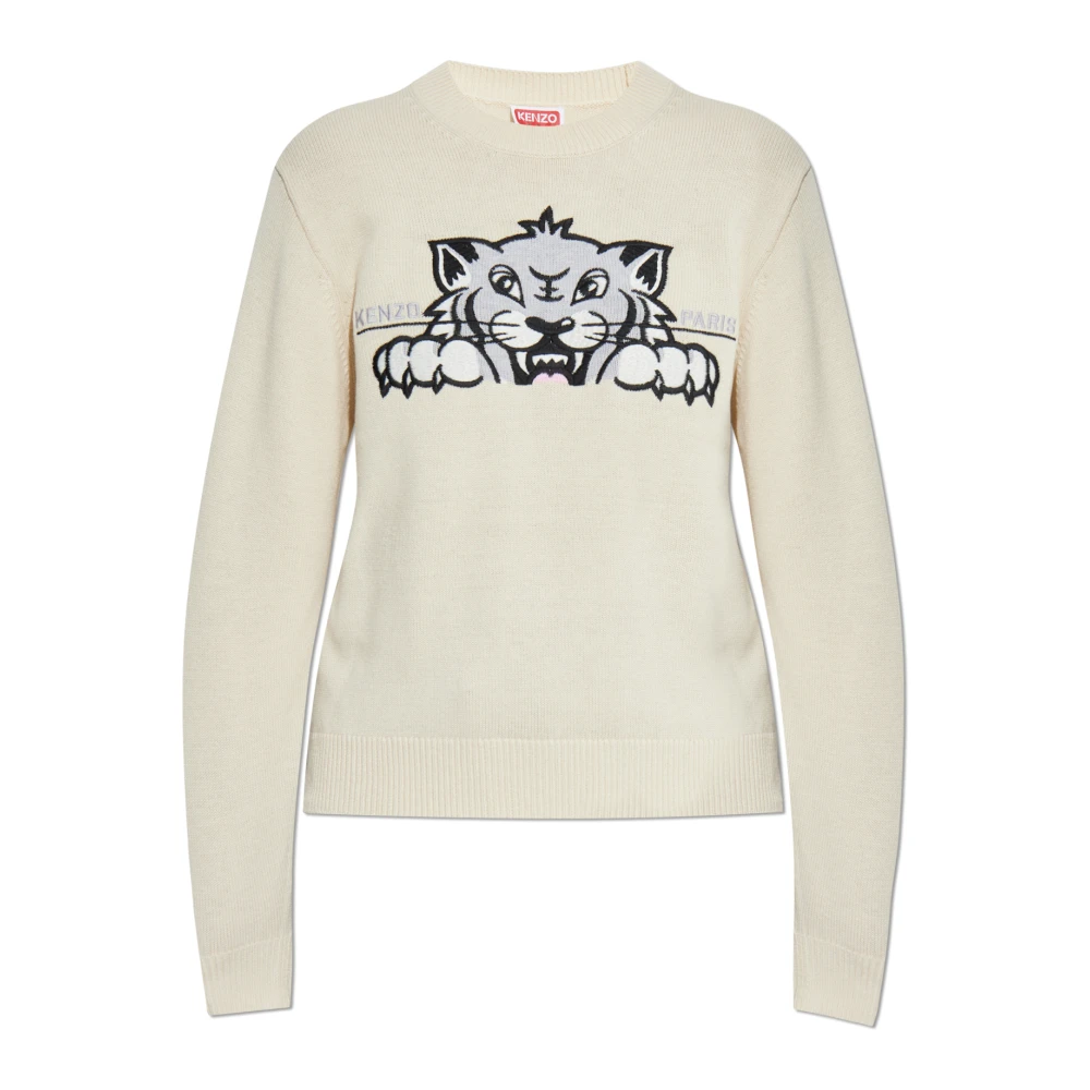 Kenzo Women's Beige Round-Neck Knitwear, L, Jumper With Colorfully Embroidered Logo