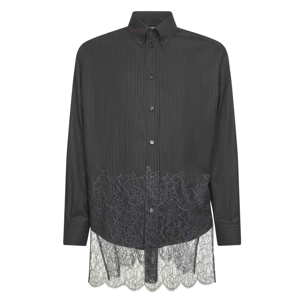 Fendi Men's Brown Lace Insert Wool Shirt - Casual Shirts - S - Shirts