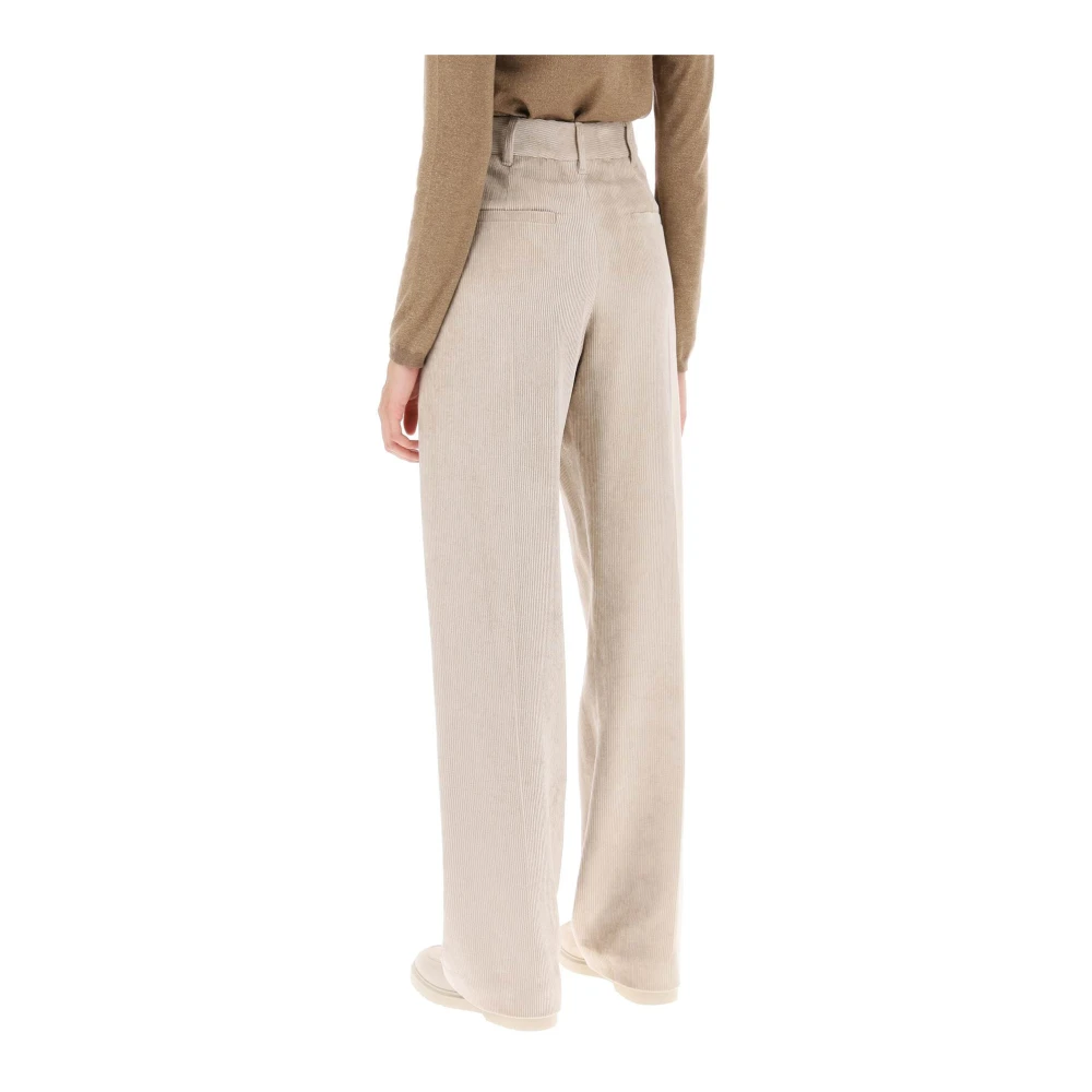 BRUNELLO CUCINELLI Corduroy Broek met Rechte Pijpen en Hoge Taille Beige Dames