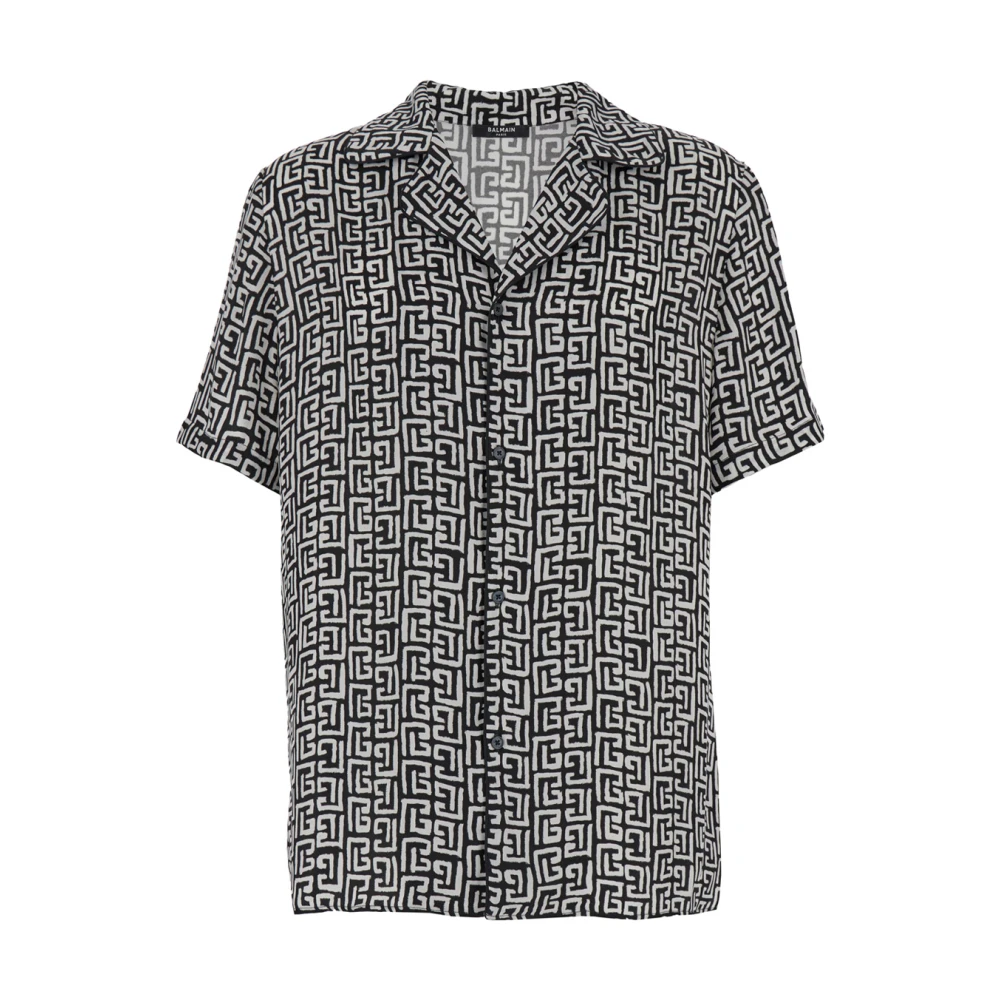 Balmain Monogram Print Cuban Collar Shirt White Heren