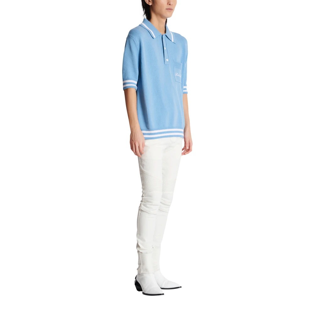Balmain Wollen poloshirt met handtekeningborduurwerk Blue Heren
