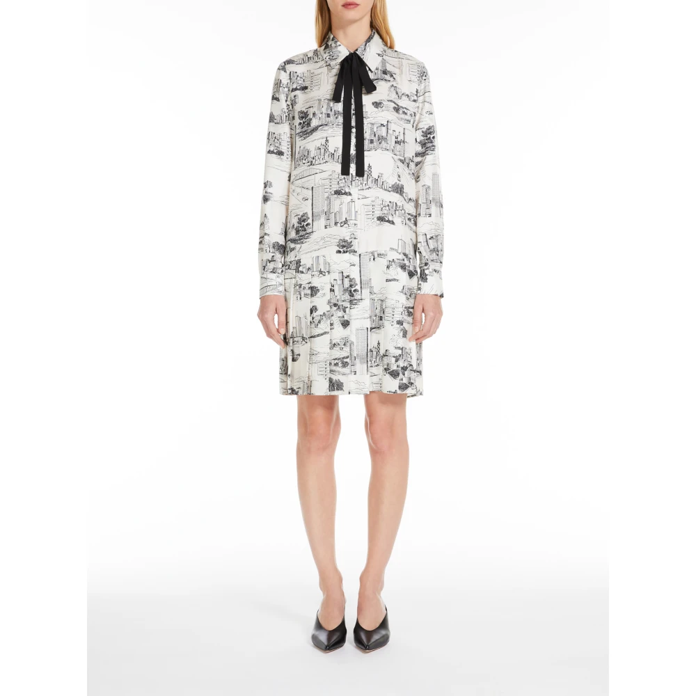 Max Mara Studio Korte zijden bedrukte jurk met geplooide rok White Dames