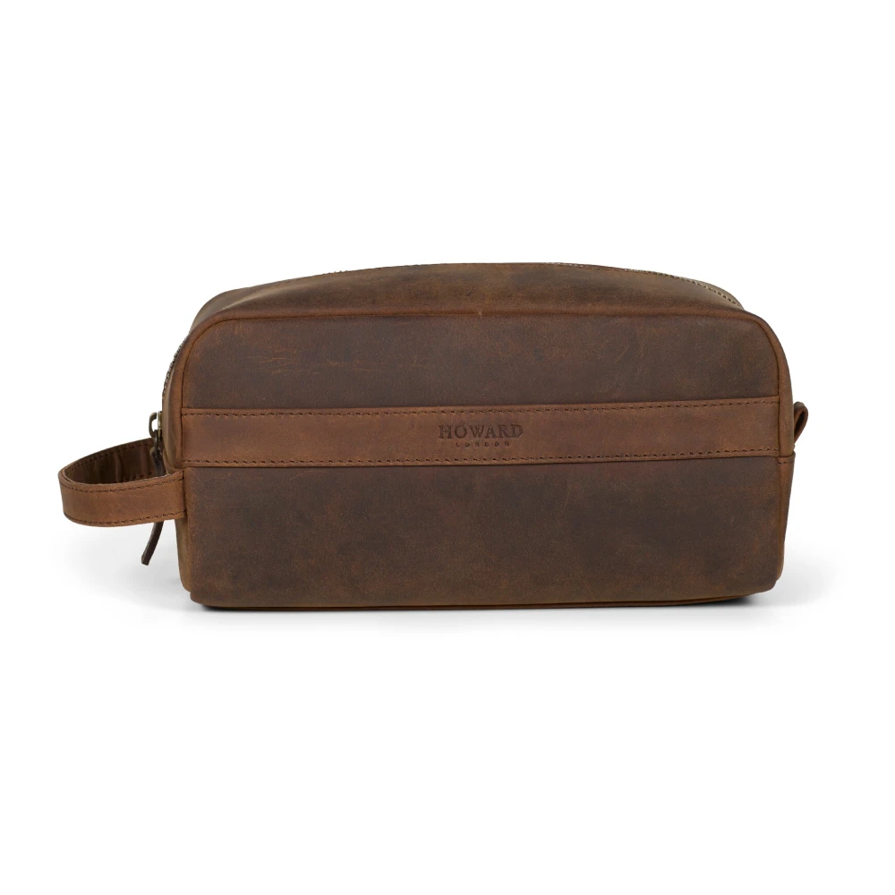 Howard London Bruine leren toilettas met ritssluiting Brown Heren