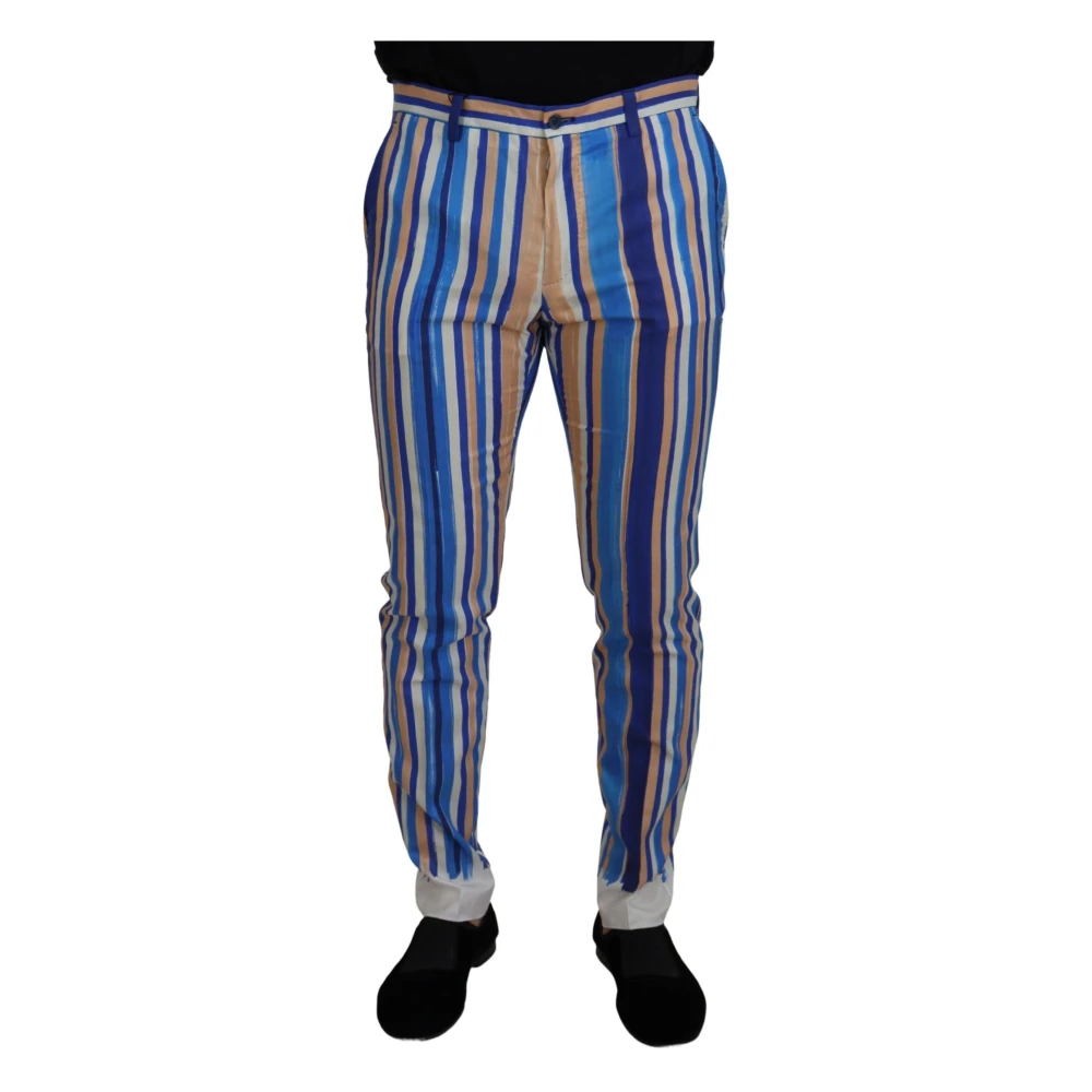 Dolce & Gabbana Men's Blue Striped Silk Cotton Slim Trousers Trousers Medium