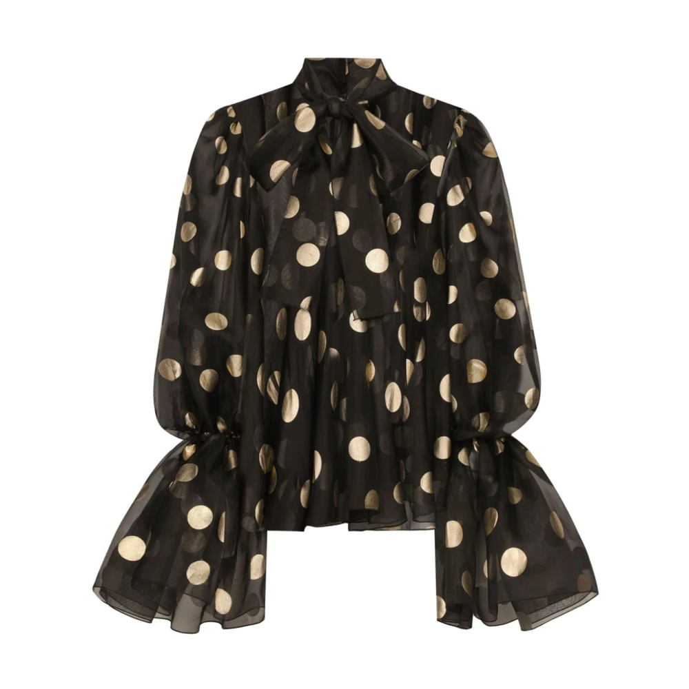 Dolce & Gabbana Zwarte Zijden Polka Dot Geborduurde Overhemd Black Dames