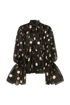 Svart Silke Polka Dot Broderad Skjorta
