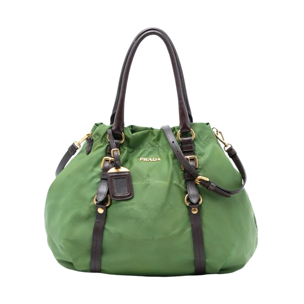 Prada Vintage Women's Green Pre-Owned Tessuto Tote Bag With Leather Trim